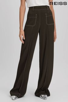 Kaki - Reiss Kylie hlače s širokimi hlačnicami in kontrastnimi šivi (K93667) | €203