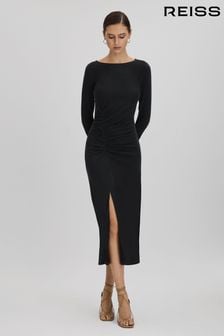 Reiss Charcoal Lana Ruched Jersey Midi Dress (K93669) | AED1,066