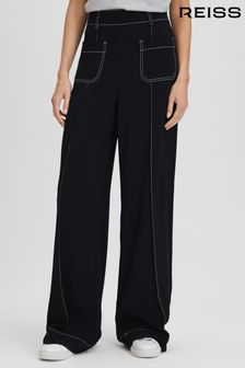 Črna - Reiss Kylie hlače s širokimi hlačnicami in kontrastnimi šivi (K93671) | €203