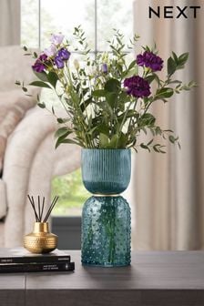 Blue Ribbed and Bobble Glass Vase