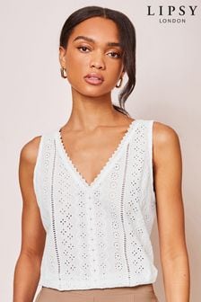 Lipsy White Broderie V Neck Vest (K94133) | $39