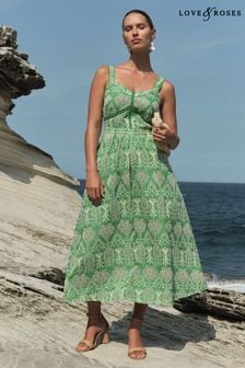 Love & Roses Green Palm Cami Corset Lace Trim Cotton Midi Dress (K94138) | €95