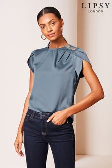 Lipsy Petrol Blue Tulip Sleeve Round Neck Button Detail Satin Top (K94166) | AED126