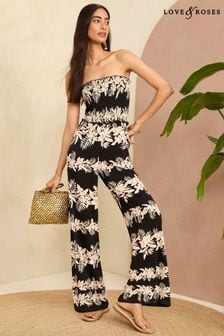 Love & Roses Black and White Floral Petite Shirred Bandeau Wide Leg Jersey Jumpsuit (K94168) | $79