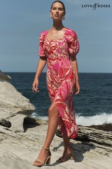 Love & Roses Printed Square Neck Midi Dress With Touch Of Linen (K94179) | 434 ر.س