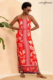Rot mit floralem Muster - Love & Roses Maxi-Trägerkleid aus Jersey (K94181) | 69 €