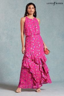 Love & Roses Pink Metallic Halterneck Frill Detail Maxi Dress (K94194) | SGD 139