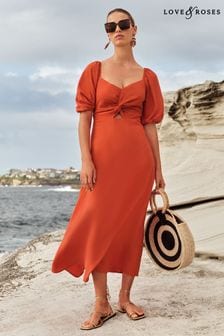 Love & Roses Orange Linen Blend Twist Front Puff Sleeve Midi Dress (K94198) | $113