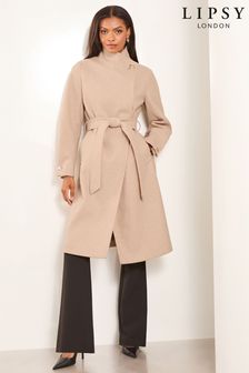 Barva velbloudí srsti - Lipsy Funnel Neck Wrap Belted Coat With Wool (K94221) | 2 975 Kč