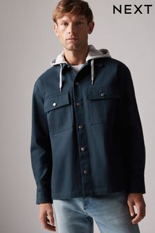 Navy Blue Twin Pocket Cotton Shacket with Hood (K94225) | $78