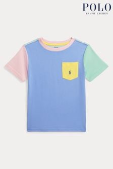 T-shirt Polo Ralph Lauren Boys bleu color block avec poche en coton (K94371) | €58 - €65