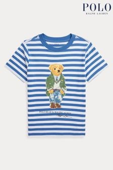 Синяя хлопковая футболка для мальчиков в полоску с принтом медведя Polo Ralph Lauren (K94406) | €67