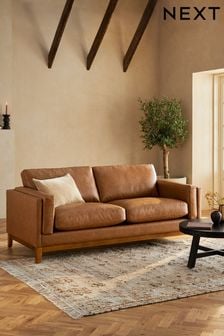 Vintaged Faux Leather Light Brown Bennett Wooden 3 Seater Sofa (K95624) | €1,175