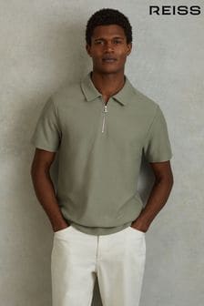 Reiss Pistachio Felix Textured Cotton Half Zip Polo Shirt (K95912) | KRW153,000