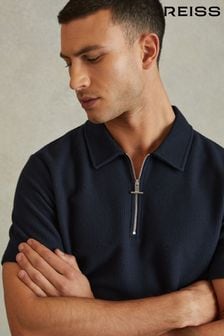 Reiss Navy Felix Textured Cotton Half Zip Polo Shirt (K95916) | €104
