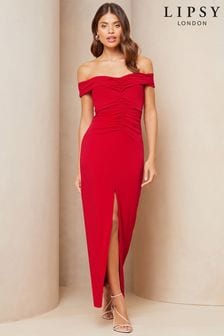 Lipsy Red Petite Bardot Ruched Front Maxi Dress (K96099) | kr985