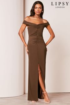 Lipsy Brown Bardot Ruched Front Maxi Dress (K96102) | $129