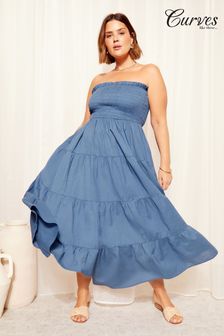 Curves Like These Blue Cotton Linen Mix Shirred Bandeau Midi Dress (K96150) | €64