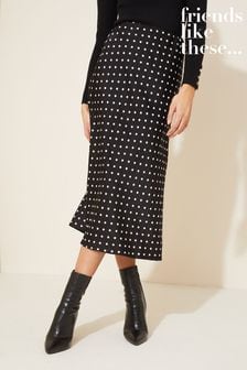 Friends Like These Black Polka Dot Satin Bias Midi Skirt (K96830) | OMR17