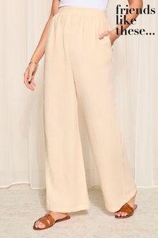 Friends Like These Nude Pink Petite Crinkle Cotton Elasticated Wide Leg Trousers (K96839) | OMR16