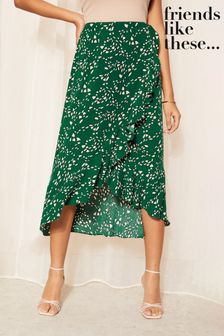 Friends Like These Green Ruffle Front Tie Waist Midi Skirt (K96867) | AED166