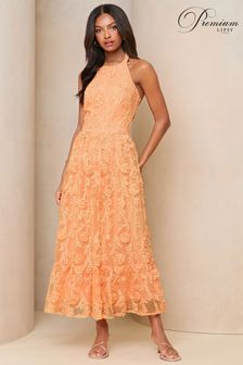 Lipsy Coral Orange Premium 3D Floral Lace Halter Neck Midi Dress (K97716) | $224
