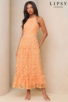 Lipsy Coral Orange Premium 3D Floral Lace Halter Neck Midi Dress (K97716) | $224