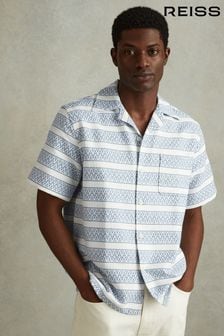 Reiss White/Soft Blue Kesh Herringbone Cuban Collar Shirt (K97773) | kr2,151