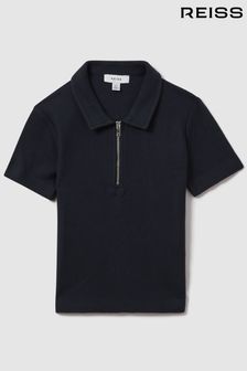 Reiss Navy Felix Teen Textured Cotton Half-Zip Polo Shirt (K97803) | OMR26