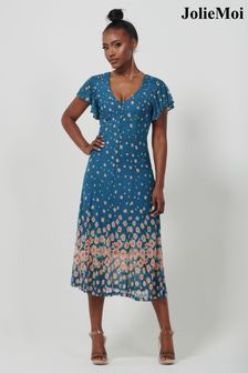 Svetlo modra - Jolie Moi srednje dolga obleka z mrežico in razširjenim krilom  (K98125) | €90