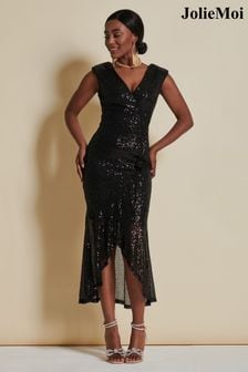 Jolie Moi Black Sequin Wrap Fishtail Maxi Dress (K98143) | €113