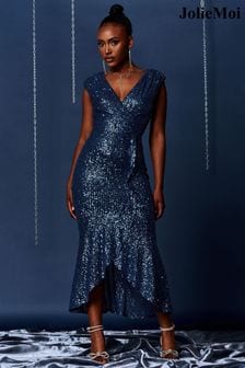 Azul - Vestido largo de lentejuelas con cola de pez y diseño cruzado de Jolie Moi (K98144) | 120 €