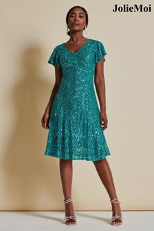 أزرق - فستان متوسط الطول ضيق وانسيابي بتفصيل ترتر من Jolie Moi (K98163) | 438 د.إ