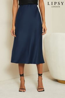 Lipsy Navy Blue Satin Bias Cut Midi Skirt (K98594) | €37