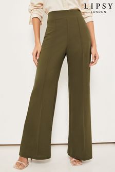 Lipsy Khaki Green Twill Petite High Waist Wide Leg Tailored Trousers (K98595) | $48