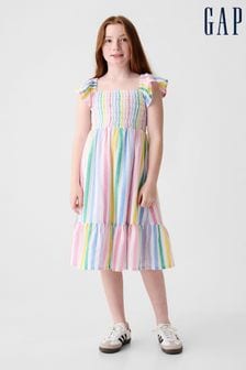 Gap White Rainbow Stripe Flutter Sleeve Smock Midi Dress (4-13yrs) (K98653) | €55