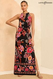 Love & Roses Black Floral Halter Neck Trim Detail Jersey Maxi Dress (K98707) | €49
