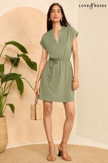 Love & Roses Khaki Green V Neck Jersey T Shirt Mini Dress (K98710) | AED189