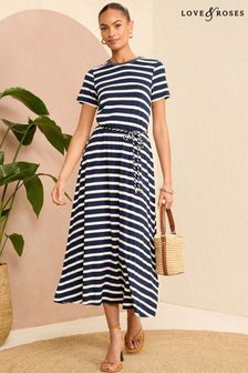 Love & Roses Navy Blue Belted Stripe Midi Jersey T-Shirt Dress (K98712) | 281 SAR