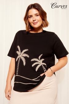 Curves Like These Black Short Sleeve Embroidered T-Shirt (K98717) | €33