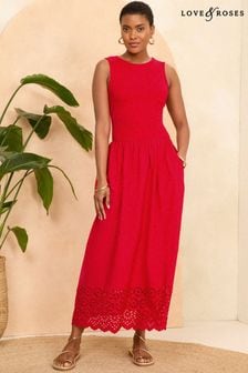 Red - Love & Roses Jersey Cotton Mix Broderie Skirt Midi Dress (K98726) | kr810