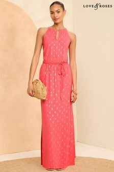 Love & Roses Pink Foil Halter Neck Trim Detail Jersey Maxi Dress (K98731) | €55