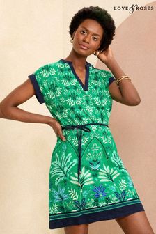Love & Roses Green Leaf V Neck Jersey T Shirt Mini Dress (K98756) | €46