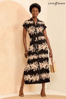 Love & Roses Black Tropical Jersey Midi Shirt Button Through Dress (K98764) | $75