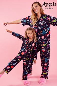 Angels By Accessorize Girls Christmas Print Pyjama Black Set