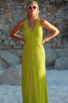 Lime Green V-Neck Textured Maxi Summer Jersey Dress (K99051) | KRW93,200