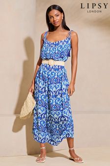 Granatowy - Lipsy Palm Crinkle Holiday Maxi Dress (K99134) | 270 zł