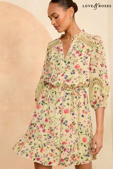Love & Roses Green Floral Dobby Lace Detail 3/4 Sleeve Mini Dress (K99480) | AED333