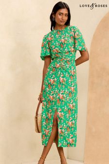 Love & Roses Green Floral Petite Ruched Flutter Sleeve Midi Dress (K99489) | €64
