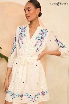 Love & Roses Ivory White Embroidered 3/4 Sleeve Cotton Belted Mini Dress (K99502) | OMR31